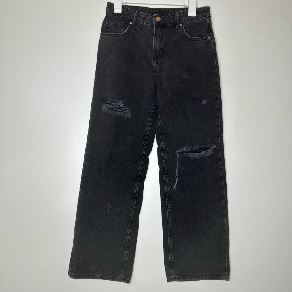 H&M black wash loose straight leg distress mid rise jeans 4